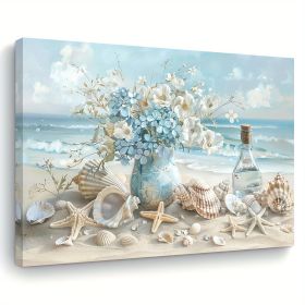 1 Piece Framed Wooden Canvas Painting, One Piece Blue Vase Floral Canvas Print, Wooden Frame Wall Art, Shell And Ocean Theme, Home And Office Dec (Option: 12X8inch)