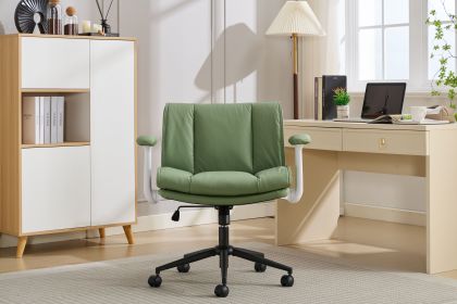 Leather Criss Cross Chair with Flip-Up Armrests, Cross Legged Office Chair on Wheels (Color: Green)